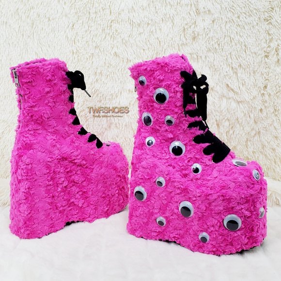 Hot Pink Furry Platform Monster Punk Ankle Boots - Picture 3 of 10